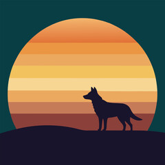 Sunset with dog vector illustration silhouette 