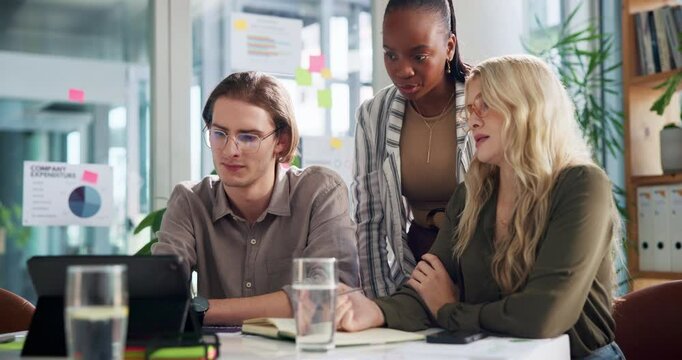 Creative agency, discussion and people with tablet in meeting for campaign review, client feedback or planning. Digital marketing, employees and teamwork with metric analysis, brand strategy or ideas