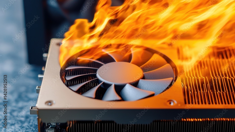Poster gpu temperature concept, high-speed thermal imaging shot of gpu in mining setup with flames for stoc