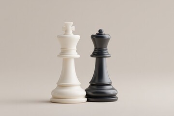 close-up of white chess queen beside black pawn on neutral-colored background