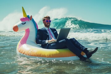 Businessman wearing suit and sunglasses enjoys working remotely from inflatable unicorn float in ocean with incoming wave
