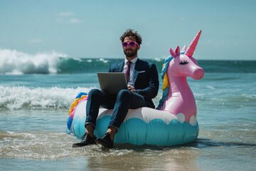 Businessman is working remotely from the beach using laptop while sitting on inflatable unicorn, enjoying summer