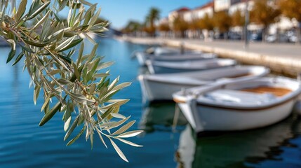 Olive branches stretch toward a harbor with small white boats, showcasing the vibrant blue sea and bright sunny weather