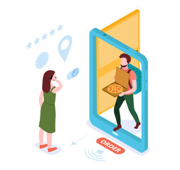 Food Ordering and Delivery concept, on transparent background, 3d isometric vector illustration