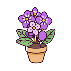 Cartoon African Violet Potted Plant Illustration on Black