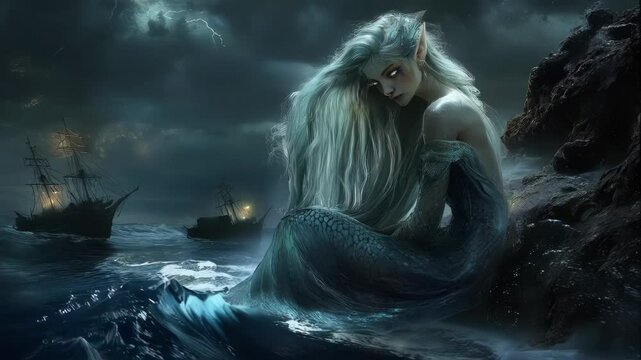 Mesmerizing sea siren with glowing blue eyes and flowing aquatic hair sits on a rocky shore, her enchanted dress shimmering with ocean magic.