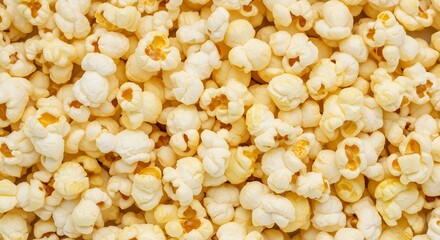 AI image showing a close-up, full-frame background texture of fluffy, buttery yellow popped popcorn, perfect for movie night concepts.