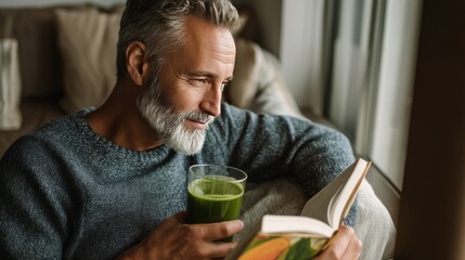 A man holding a juice and a book, taking time for leisure.