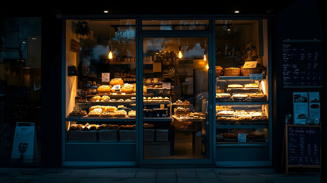 Bakery shop window display with pastries and baked goods at night.