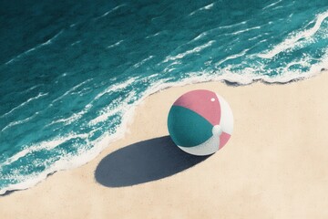 Colorful Beach Ball on Shoreline with Waves and Sandy Beach