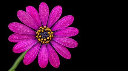 Obraz premium A single, vibrant pink daisy with a dark center and yellow pollen sits against a stark black backdrop