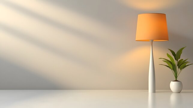 Ornate floor lamp with warm diffuse illumination in a minimalist setting