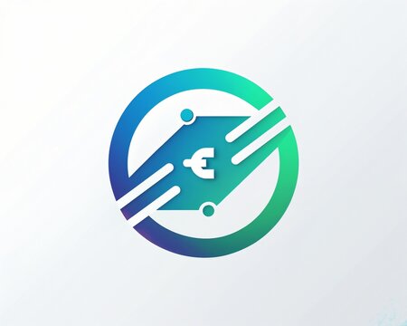 Minimalistic logo featuring a diamond with a Euro symbol, gradient blue to green tones, parallel lines, and a circular border on a light background.
