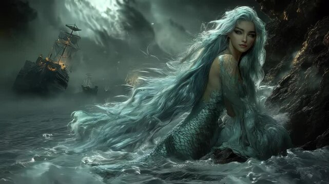 Mesmerizing sea siren with glowing blue eyes and flowing aquatic hair sits on a rocky shore, her enchanted dress shimmering with ocean magic.