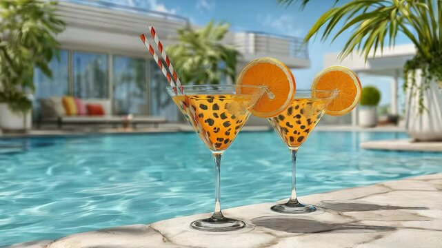 Two elegant martini glasses with leopard-pattern cocktails, garnished with orange slices, stand poolside in a luxurious tropical resort setting. Concept summer vacation and relaxation.