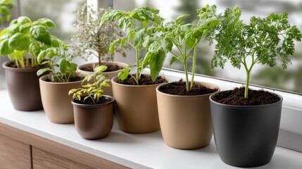 Fototapeta premium Vegetables and herbs flourish in brown pots on a white windowsill, soaking up sunlight in an indoor environment