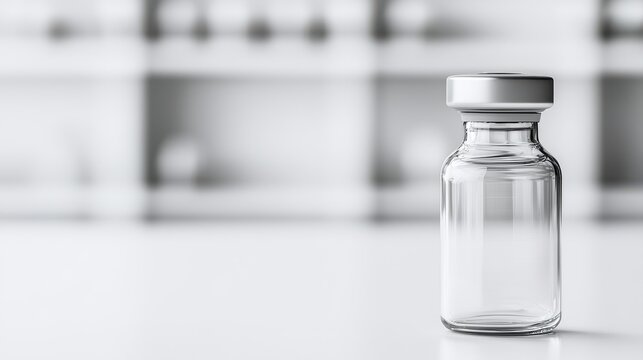 A clear glass vial is placed on a smooth surface, with a blurred background suggesting a sterile environment, possibly related to healthcare or pharmaceuticals.