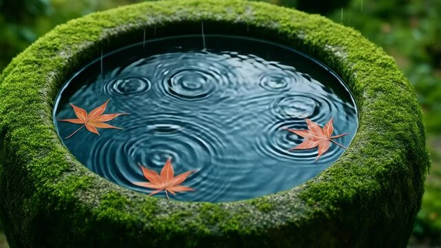 雨のしずくと紅葉が浮かぶ苔むしたつくばい