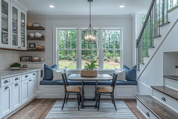 Elegant modern farmhouse dining nook with white walls, light blue accents, dark wood table, and window seat. Bright natural lighting and serene atmosphere.