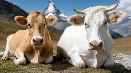Cows resting on lush grass with the Matterhorn mountain towering in the background under a clear blue sky