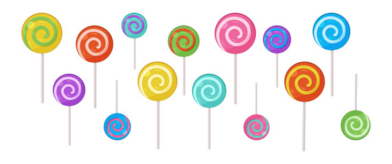 Lollipop candy, cartoon pop stick icon, round swirl lollypop, colorful sweet spiral circle candy, cute carnival sucker set isolated on white background. Child bright snack. Rainbow vector illustration