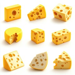 Various shapes and slices of swiss cheese.
