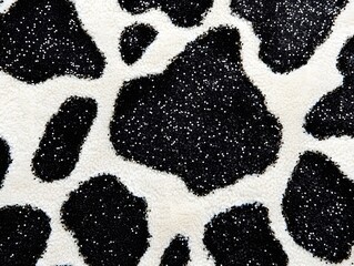 Black glitter cow print pattern on white background, bold contrast, trendy fashion style