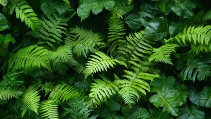 Lush green fern and foliage wall.  A vibrant display of various fern and plant leaves, creating a dense, natural backdrop