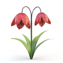 Obraz premium Two vibrant red, textured flowers on a stem with foliage.