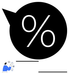 Bold percentage symbol inside a speech bubble next to a man assessing data and ideas. Ideal for discount, growth, data analysis, marketing, communication, finance, simple landing page