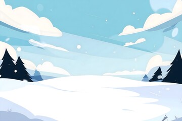 A serene cartoon illustration of a winter landscape with snow-covered ground and pine trees under a cloudy blue sky. This peaceful vector background captures the beauty of a snowy day