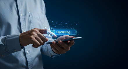 Hands Holding Smart Phone with Updating Bar over Dark Blue Background