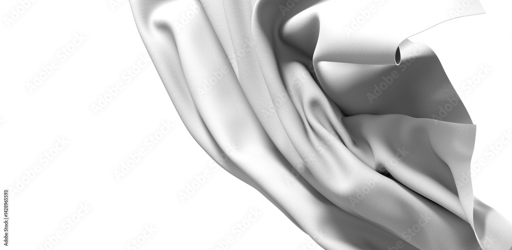 Poster Close-up of a white fabric drape, showcasing its texture and folds. The fabric is illuminated by a soft, white light, creating a dramatic contrast against the dark background.