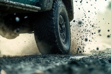 Off-road truck driving through muddy terrain, kicking up dirt and rocks