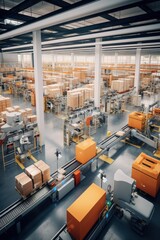 Modern warehouse with rows of orange boxes on shelves and conveyor belts