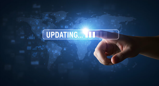 Hand Touches Updating Bar on Illuminated Digital World Map Background - Powered by Adobe