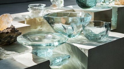 Glass vessels and plates in modern pottery exhibit