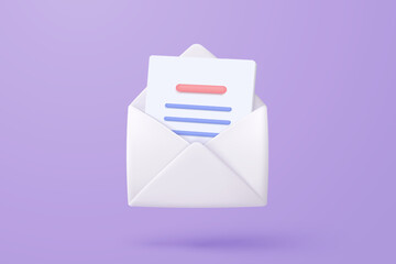 3d mail envelope icon with notification new message on purple background. Minimal email letter with letter paper read icon. message concept 3d vector render isolated pastel background