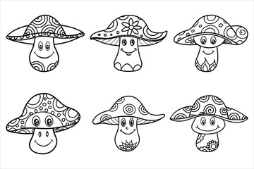 Hippie mushroom with a smiling face and paisley hat in linear doodle style