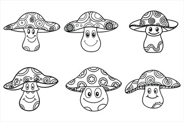 Fototapeta premium Hippie mushroom with a smiling face and paisley hat in linear doodle style