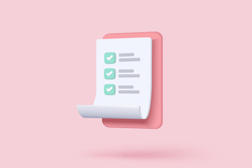 3d white clipboard task management todo check list with bubble, efficient work on project plan, fast progress, level up concept, assignment and exam checklist icon. 3d vector render on pink background