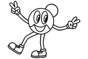 Simple line art peace sign character with dancing legs and retro shoes