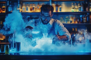 Bartender mixing drinks with blue liquid and smoke