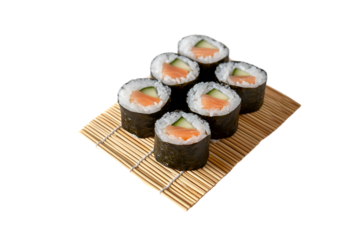 Delicious Salmon Sushi Rolls on Bamboo Mat Japanese Cuisine