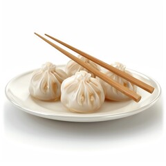 A plate of steamed dumplings with chopsticks.