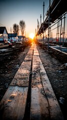 Construction pathway at dawn with bright, vibrant lighting