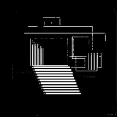 Modern architectural design highlighted with bold outlines, showcasing the intricate staircase and facade details in a minimalist style