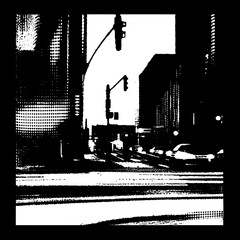 Obraz premium Urban Crossroads at Dusk with Traffic Signals Illuminating a Quiet Street