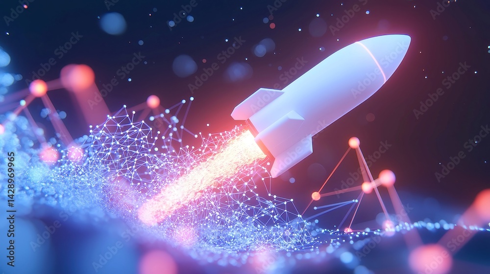 Poster futuristic rocket in blockchain stream, a 3d-rendered rocket soaring through a vibrant data stream, 