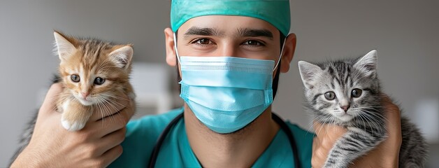 Veterinary doctor lovingly holds adorable kittens in arms, perfect visual for pet clinic services and animal care promotion